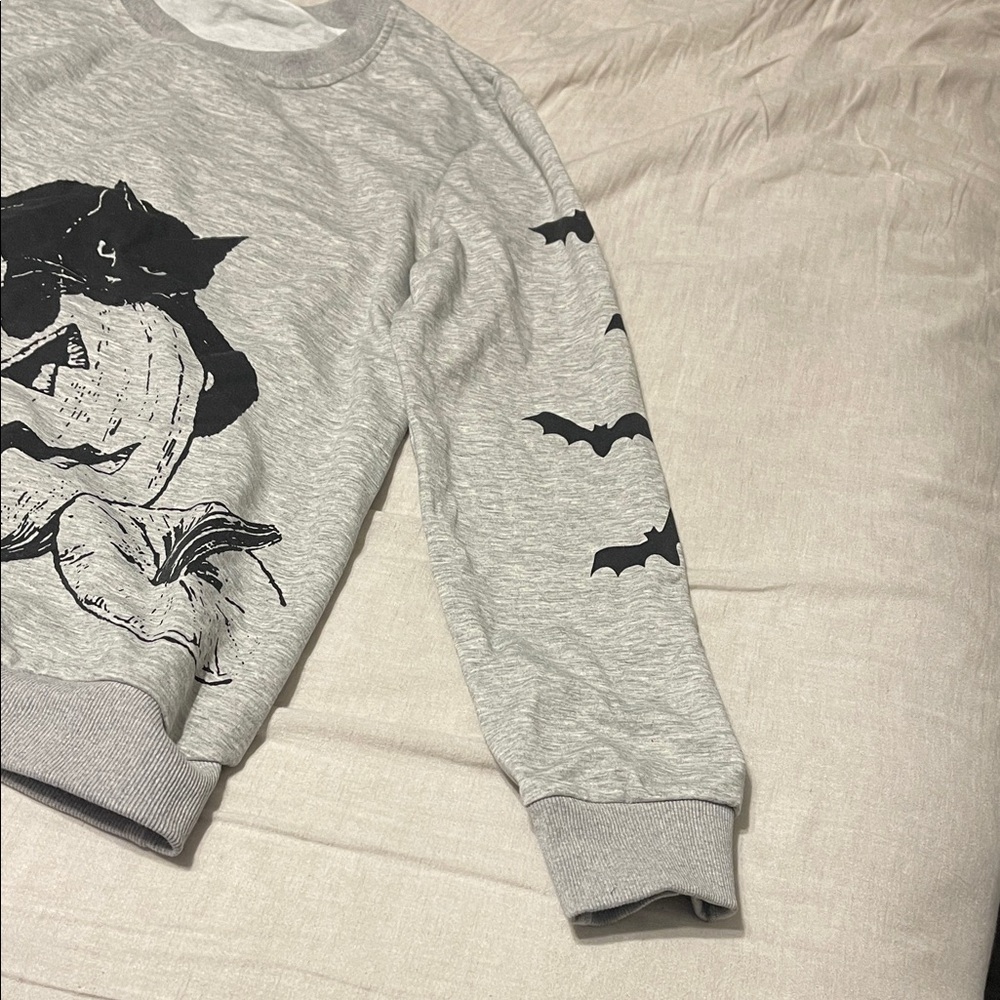 Gray Halloween Sweatshirt with Black Cat and Pumpkin Design - Picture 3 of 5